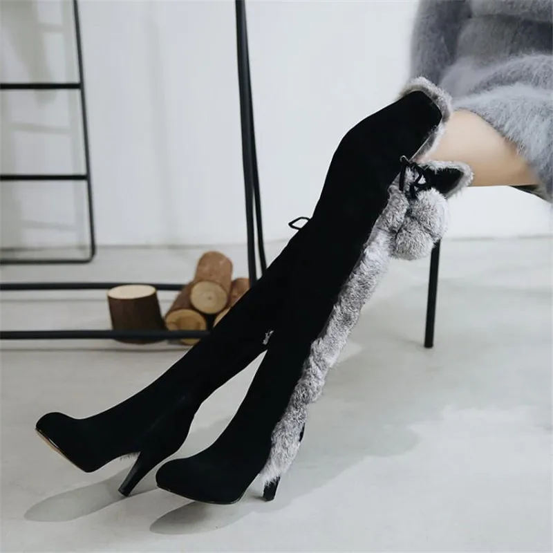 Dedo Zapatos Piel Alto Show Tacón Nieve Invierno Pelo Pie Encima Por Conejo 18aw Delgada As El Botas Rodilla La Gamuza Caballero Sexy Mujeres Del Puntiagudo De Las z6wFx5qS