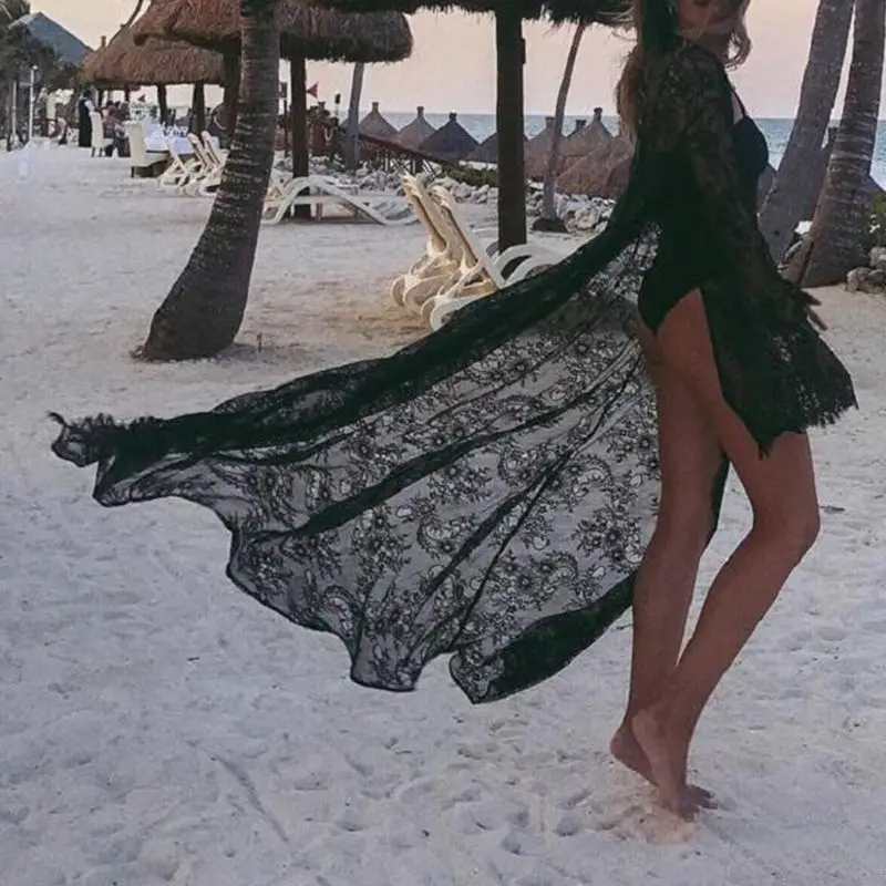 1 Pc Womens Long Sleeve Summer Sexy Sheer Eyelash Lace Kimono Cardigan Open Front Self-Tie Bikini Cover Up  Long Loose Beach