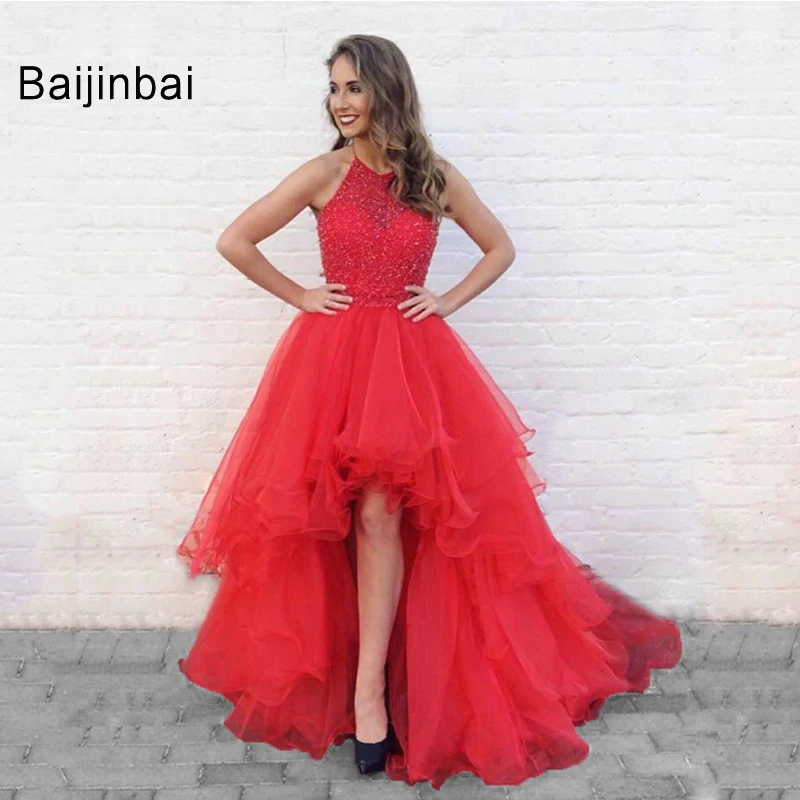 

Floor-Length Prom Dresses 2019 High Quality Halter Sleeveless Short Front Long Back Tiered Backless Ball Gown Formal Party Dress