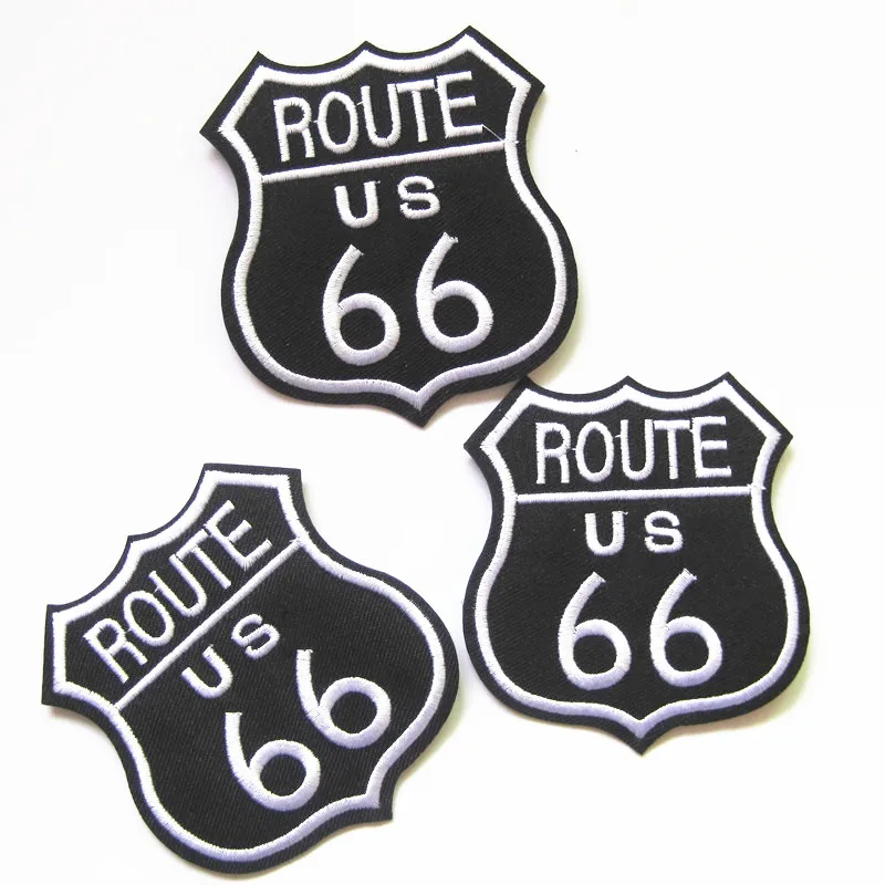 

Hot Black Route 66 Us Cars America USA 60s Road Sign Applique Iron Patches DIY Hand Make Embroidered Applique Cloth Decoration