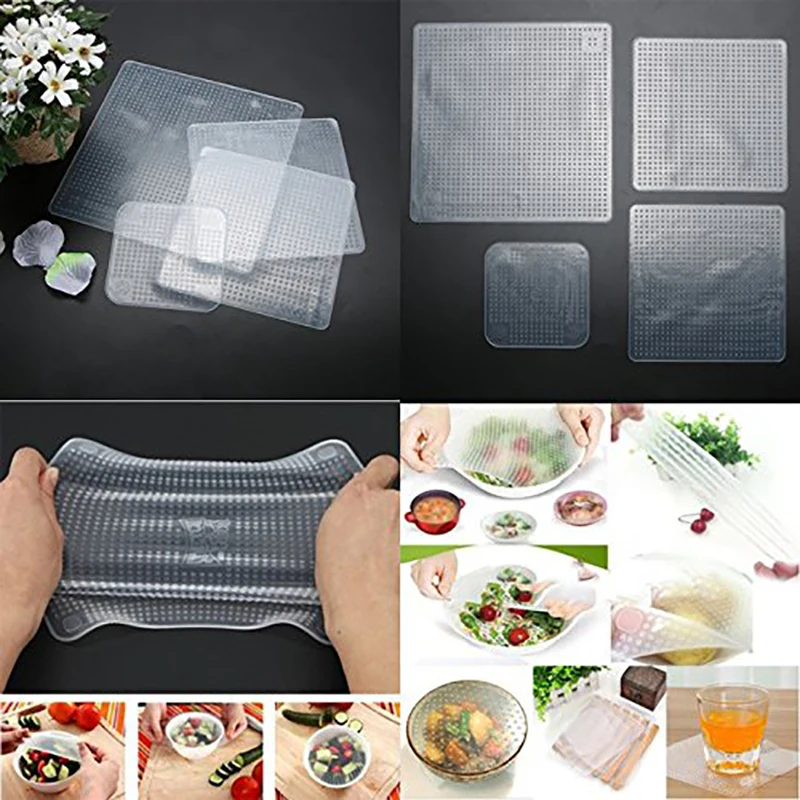 

4 pcs/pack Multifunctional Food Fresh Keeping Wrap Kitchen Tools Reusable Silicone Food Wraps Seal Vacuum Cover Lid Stretch