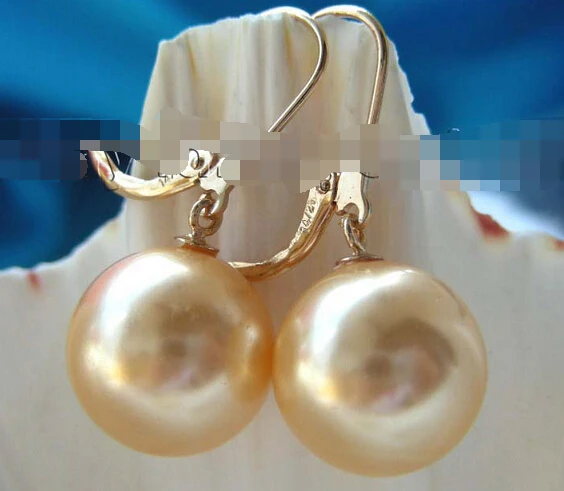 

wb002 Natural 14mm Round Golden Sea Shell Pearl Earrings 14k