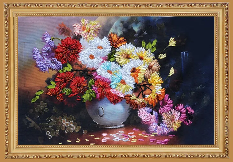 

3D Unfinished Printed DIY Needlework Patterns Kits For Handmade Ribbons Embroidery Sets-Beautiful Flower Vase