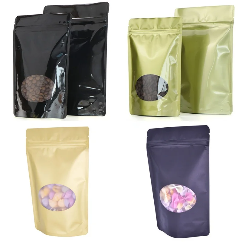 

Wholesale 50pcs/lot Black/Gold Stand up Window Foil Ziplock Bag Glossy/Matt Foil Clear Oval Window Coffee Packaging Bags