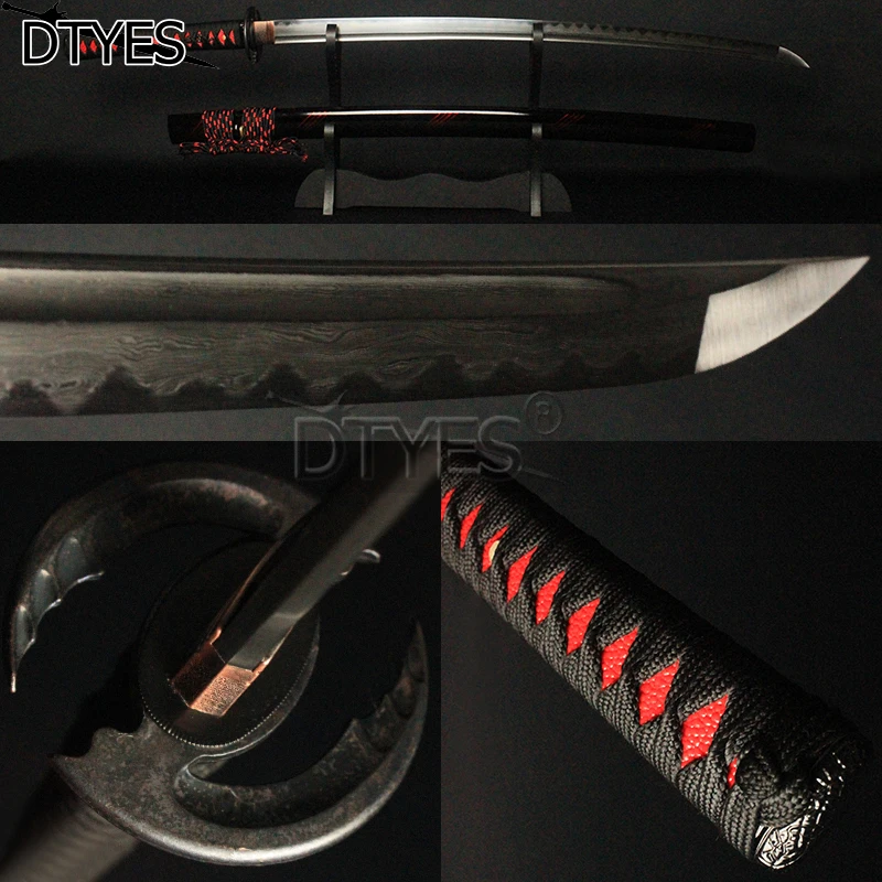 

Real Japanese Samurai Sword Damascus Steel Clay Tempered Wave Hamon Full Tang Bo-hi Shinogi Zukuri Blade Katana Battle Ready