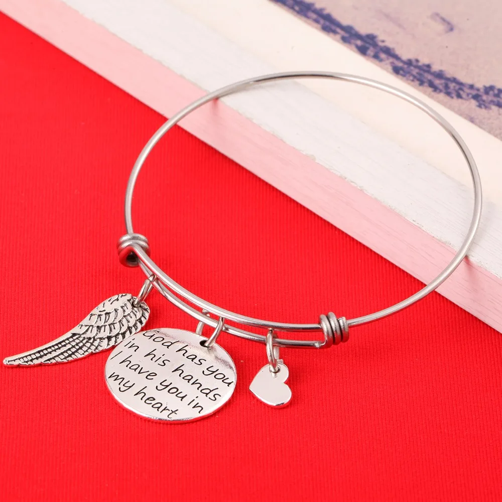 

Memorial Bracelet God Has You In His Hands I Have You In My Heart Pendant Expandable Wire Bangle Adjustable Bracelet