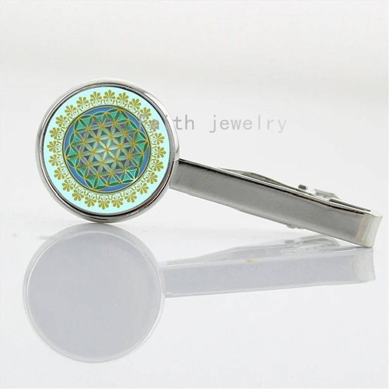 

New Elegant Staff Design Flower of Life Mandala art pattern glass cabochon tie clip for women NS484