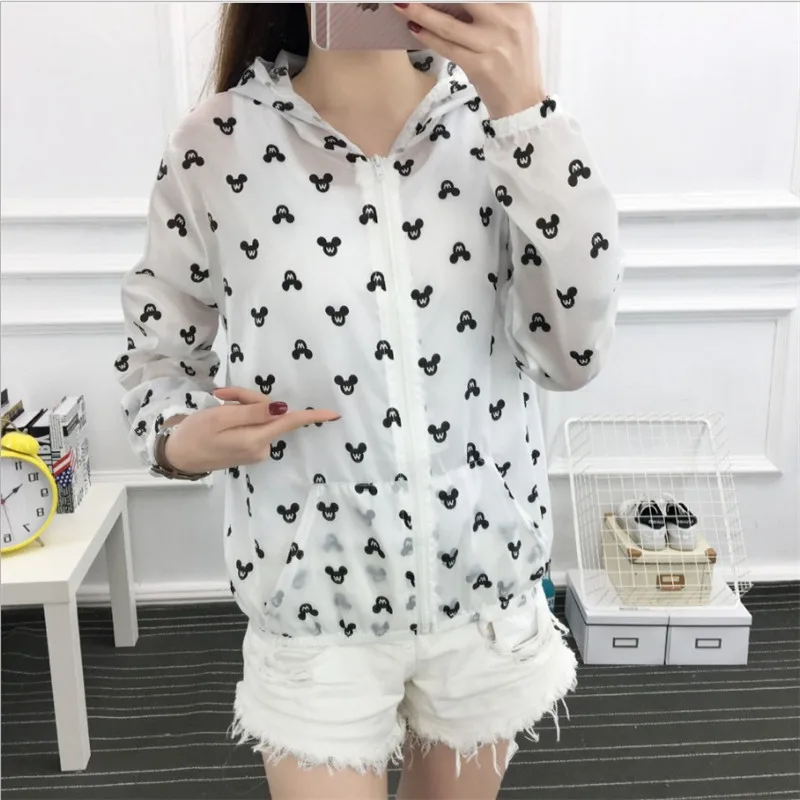 

Summer Sun Protection Clothes Transparent Mickey Mouse Print Long Sleeve Shirt Blouse Women Beach Sunscreen Cover-Ups Hoody