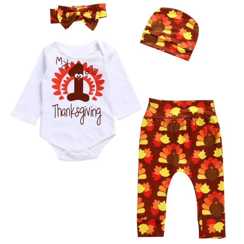 

4pcs Thanksgiving Day Baby Boys Girls Tops T-shirt + Pants + Hat + Headband Warm Toddle Baby Long Sleeve Casual Clothing