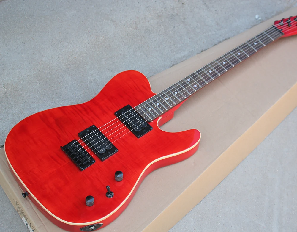 

Factory Custom Red Electric Guitar with Flame Maple Veneer,H H Pickup,Black Hardwares,Rosewood Fingerboard,Offer Customized