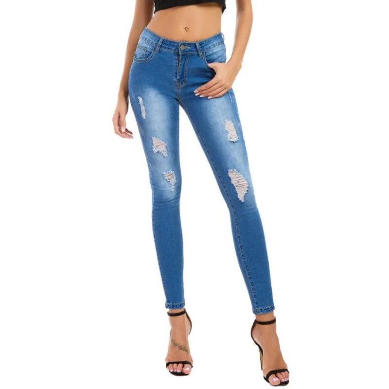 Джинсы для женщин для синий эластичный стрейч отверстие рваные узкие джинсы облегающие джинсы брюки девочек Женские промывают мотобрюки