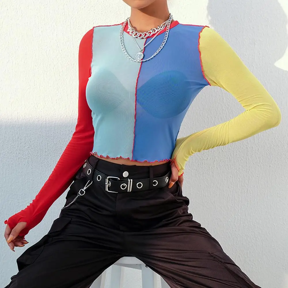 

2019 Sexy transparent Women T-Shirt O-Neck Patchwork Mesh Perspective Ladies Tee Shirt Slim Short Navel Tee Top %8