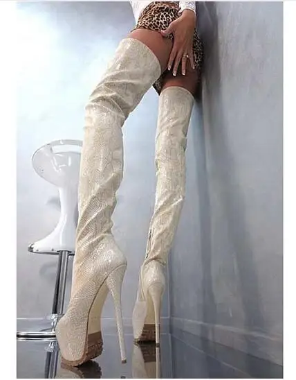 

2017 Women Winter Sexy Platform 16CM High Heel Boots Black Leather Thigh High Boots Round Toe Python Printed Shoes Free Shipping