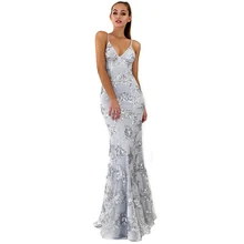 

2018 Sexy Backless Sequin Women Elegant Long Dress Deep V Neck Spaghetti Strap Floor-length Mermaid Party Dress