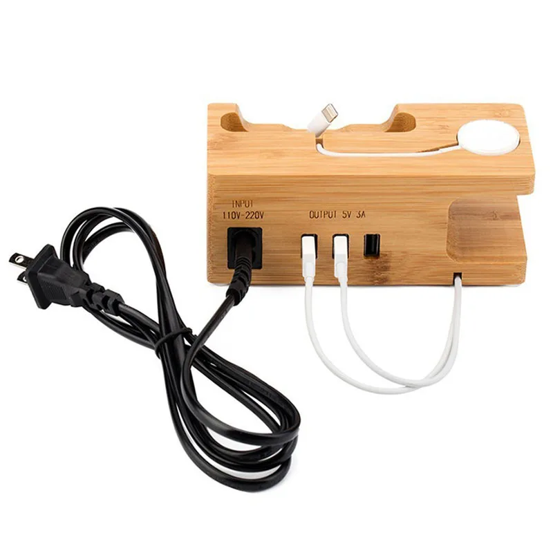 

Stand for Apple Watch Docking Charging Station Organizer with Power Adapter, Desktop Bamboo Wood 3-Port USB Dock Holder Mount
