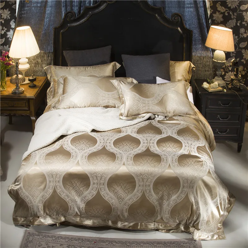 

Papa&Mima Luxury Mandala Golden 4Pcs Queen/King Size Bedding Sets Silk Cotton Fabric Jacquard Technics Flat Sheet Set Bedlinens