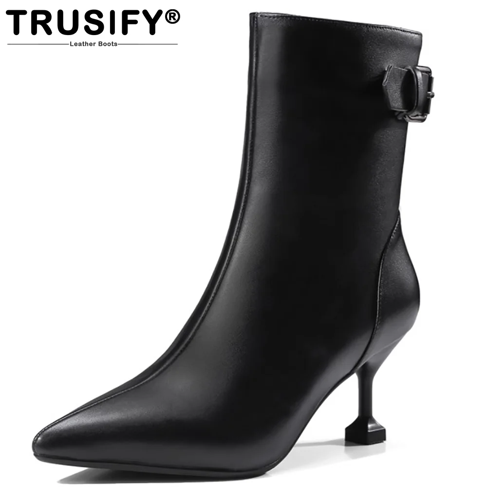 TRUSIFY 2018 Ohappropriate Cow Leather Mid Calf Zip Pointed Toe High Thin Heels Solid Buckle