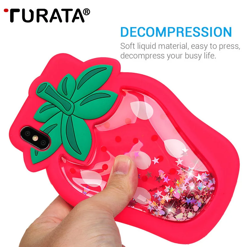 

TURATA 3D Soft Silicone Cover For iPhone XS Max/XR/ X/XS/5 5S SE 6 6S 7 8 Lovely Quicksand Glitter Strawberry Back Phone Case