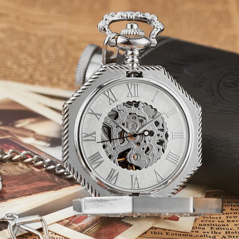 Роскошные золотые уникальные Восьмиугольные римские цифры карманные часы с брелоком цепь стимпанк полный стальной механический ручной