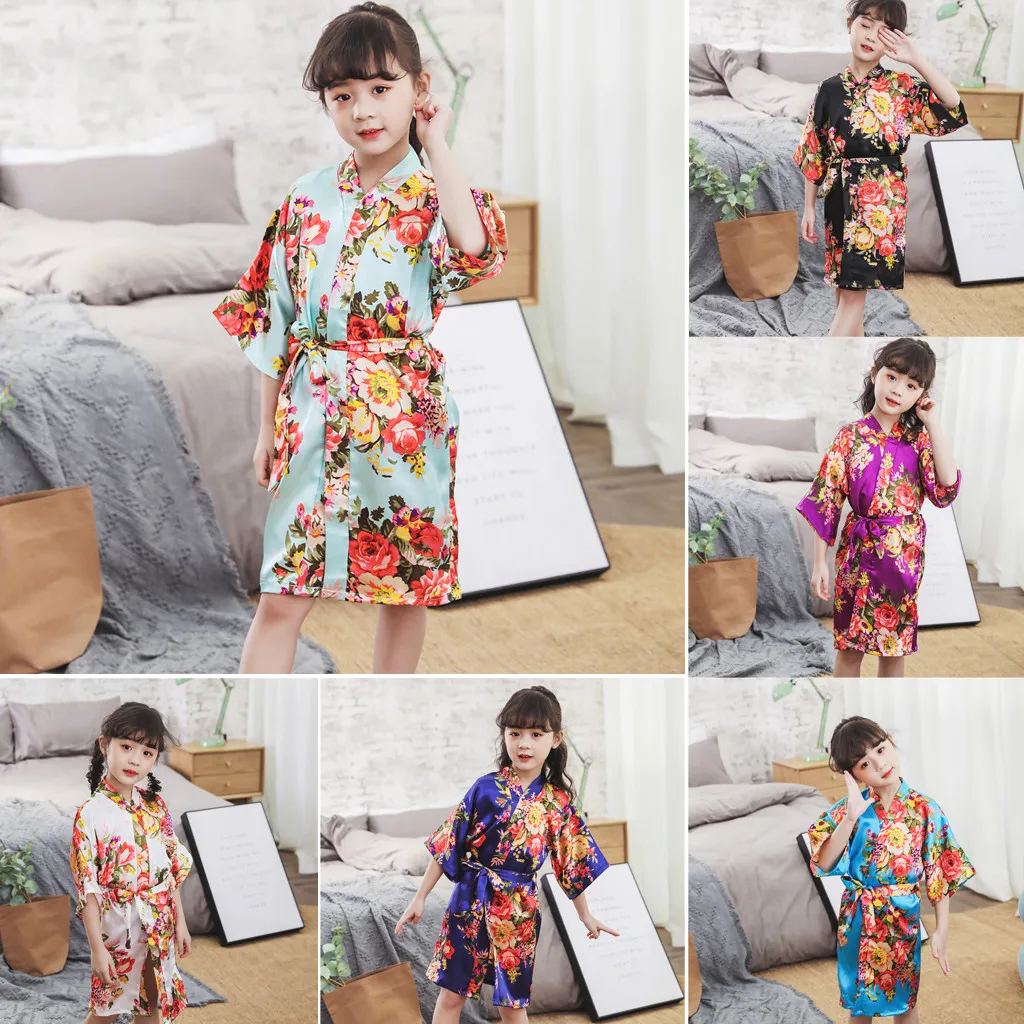 Одежда для малышей для девочек пижамы Цветочный шелковый атлас кимоно халаты халат пижамы Одежда для девочек изысканные наряды пижамы