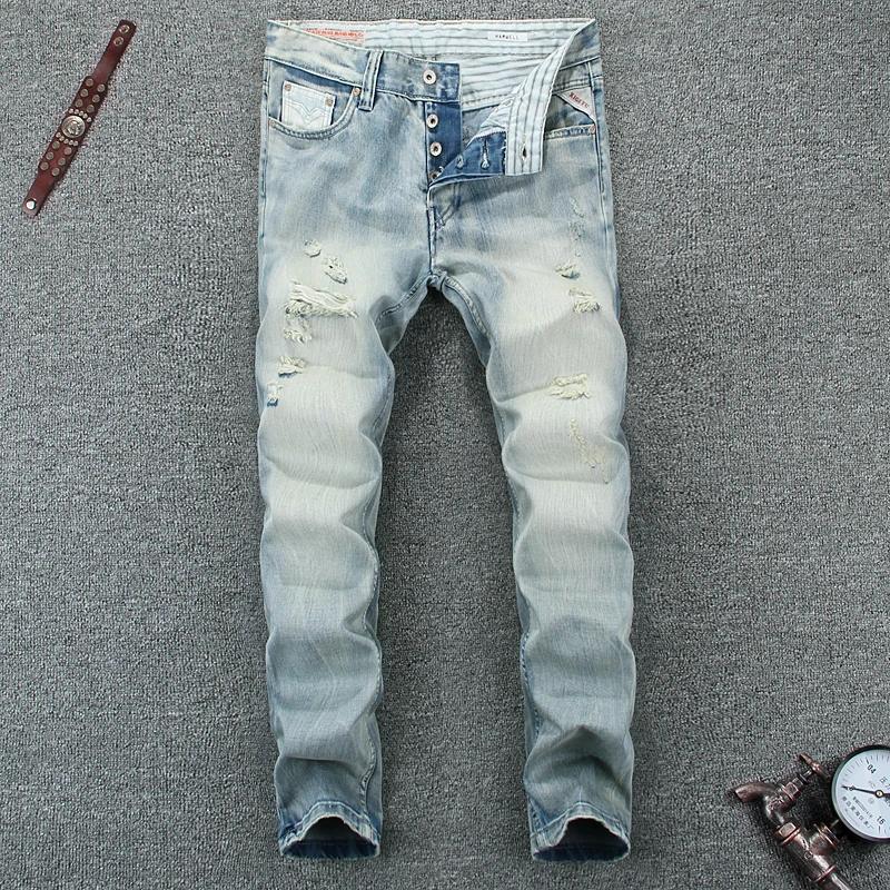 

Summer Style Light Blue Color Fashion Mens Jeans High Quality Slim Fit Ripped Jeans For Men Buttons Pants Brand Biker Jeans Men