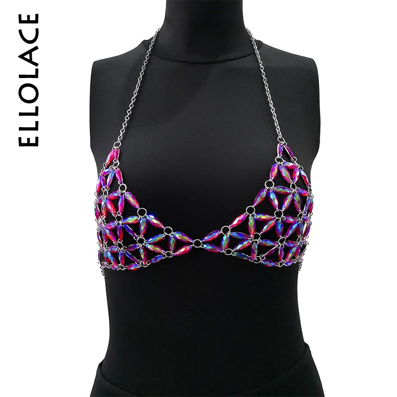 

Ellolace Metal Beading Body Bra Chain Crop Tops Bralette Halter Lingerie Adjustable Straps Bikini Nightclub Party Beachwear