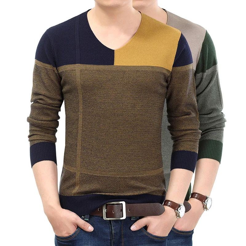 Дизайн повседневные осенние Лоскутные v-образным вырезом хлопчатобумажные джемперы пуловеры мужские свитера