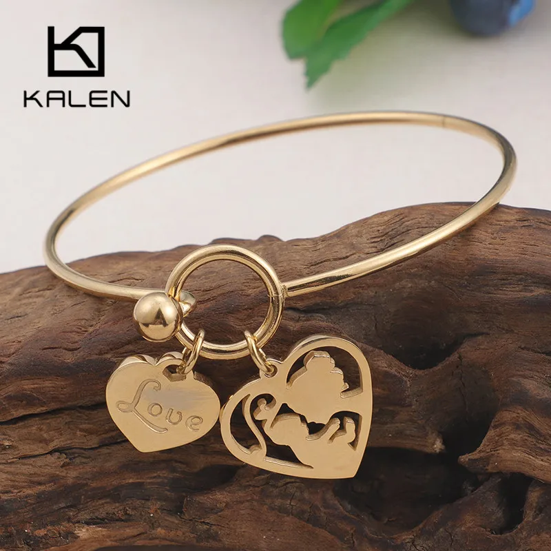 

KALEN New Women Mother Love Heart Bangles Bracelets Gold/Silver Stainless Steel Mom & Child Bangles Women Summer Jewelry Gifts