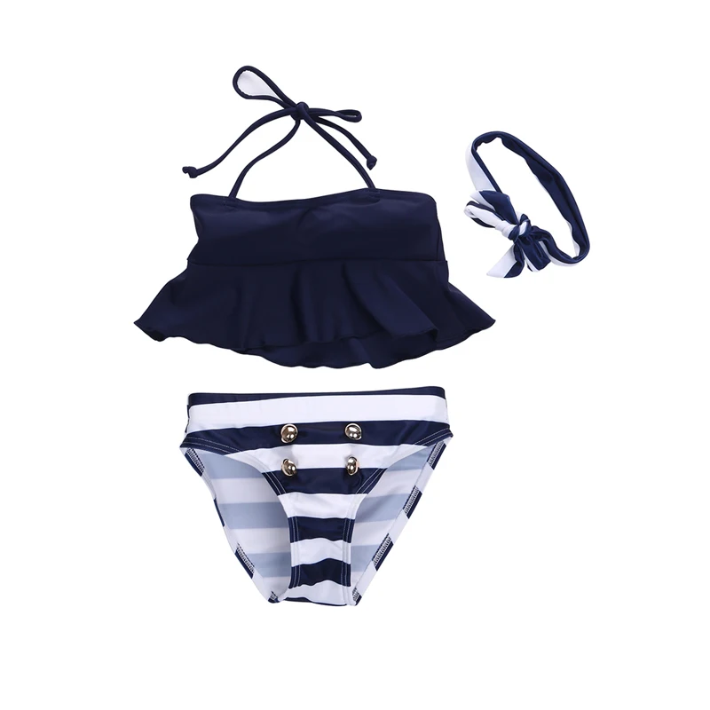 

Toddler Baby Girl Lovely Bikini Suit Navy Blue 3pcs set Swimsuit Sleeveless Belt Ruffles Tops Striped Shorts Headband Swimwear