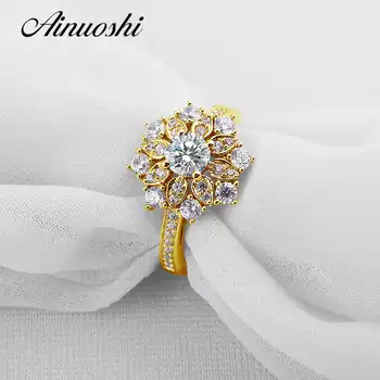 AINUOSHI Luxury Sunflower Gold Ring Real 14K Solid Gold Lotus Flower Ring Round SONA Simulated Diamond Wedding Engagement Rings