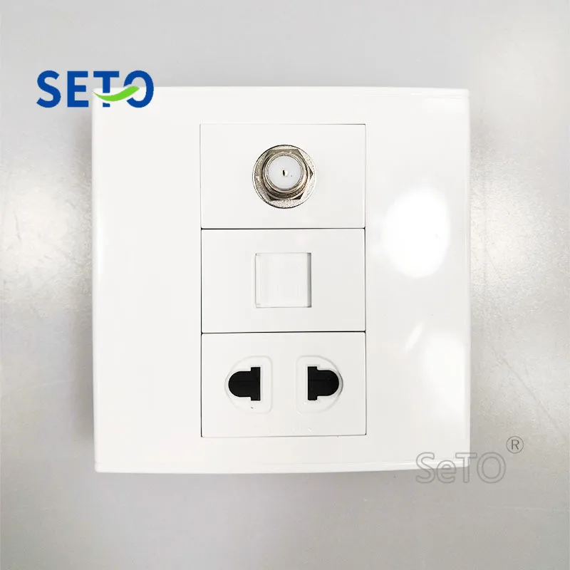 

SeTo 86 Type F Head Digital TV Connector + RJ45 Cat6 Network + Two Hole Power Wall Plate Socket Keystone Faceplate