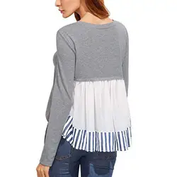 Мода 2018 для женщин блузка с длинным рукавом в полоску стиле пэчворк цвет блок Топ футболка мода праздник Дизайн Blusas Плюс размеры @ 32