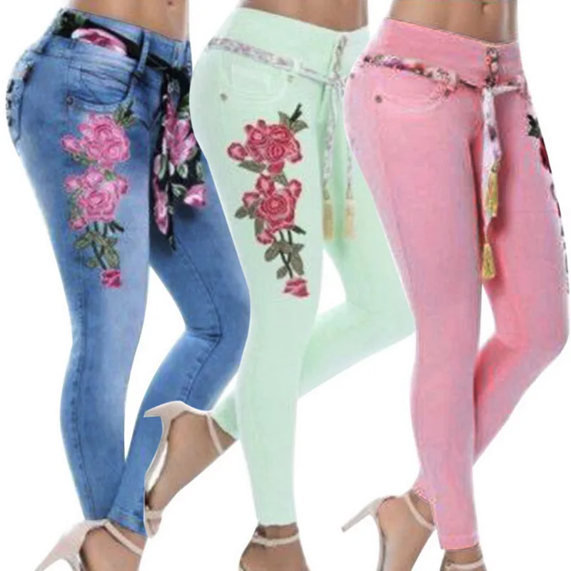 LITTHING плюс размеры для женщин стрейч Высокая талия узкие джинсы с вышивкой цветочный джинсовые брюки с дырками штаны женские джинсы