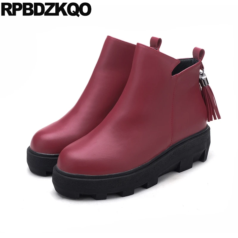 

Fur Platform Wine Red Side Zip Boots Creepers Ankle Shoes Fringe Harajuku Round Toe Muffin Booties Flat Female Ladies New 2017
