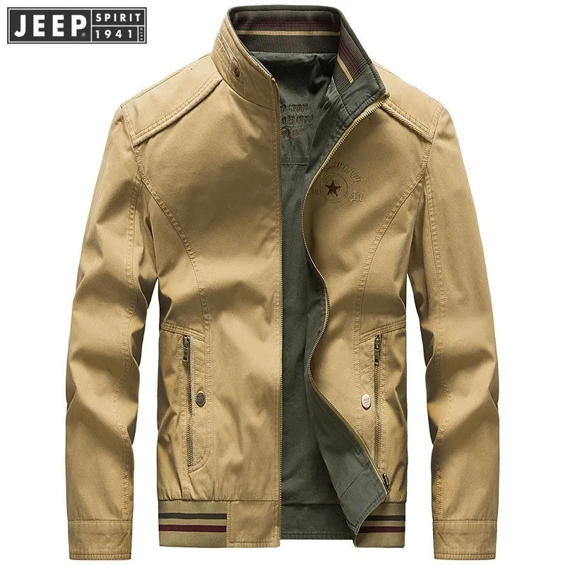 

JEEP SPIRIT Autumn Spring Cargo Jackets Coats Man Both Side Wear Cotton Clothes Business Long Sleeve Solid Color Military Jacket