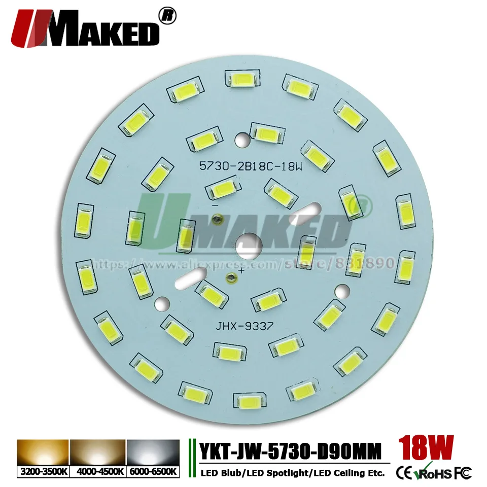 

UMAKED 18W 90mm SMD5730 LED PCB Bulb Spotlight Downlight DIY Light Source Installled Chip Aluminum Lamp plate Warm/Natural/White