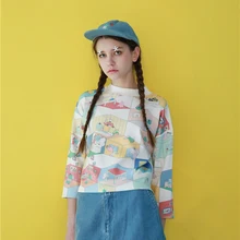 Весна осень дизайн Harajuku женские футболки мультфильм печати игривый шик Футболка топы короткие футболки для женщин консервативный стиль