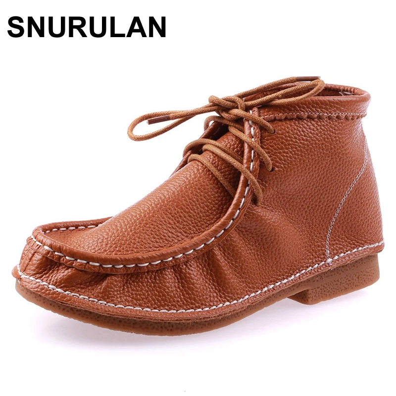 

SNURULAN Casual Boots Shoes Ankle Full Grain Leather Lace up Low Ladies Genuine Leather Flats Spring Autumn motorcycle boots