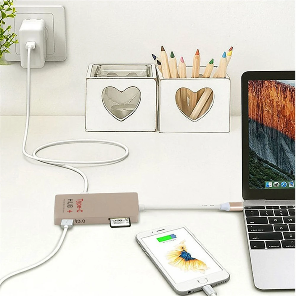 Discount 10pcs/lot 6 Ports USB 3.1 Type c HUB SD Card Reader U-Disk SD Card Reader 4K HDMI Type C Charger for Macbook Pro 4