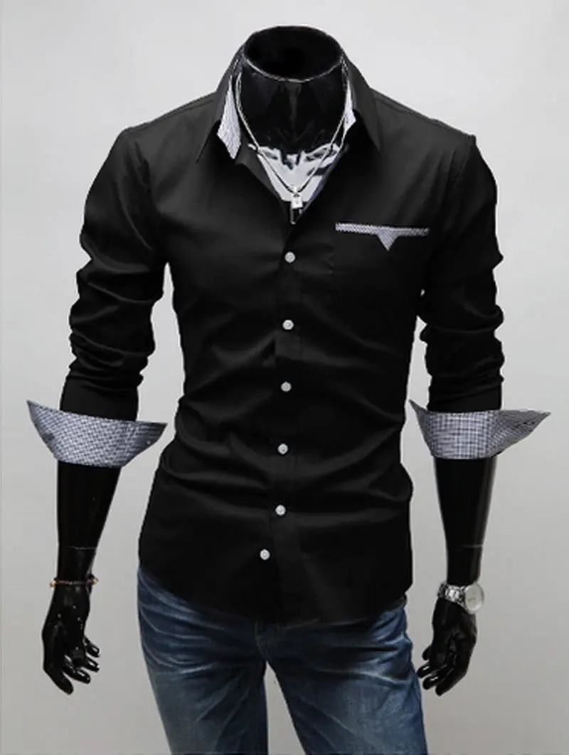 6 стильные модные новые мужские рубашки с длинным рукавом Slim Fit стильные повседневные рубашки Твердые Роскошные Классическая мужская рубашка - Цвет: E