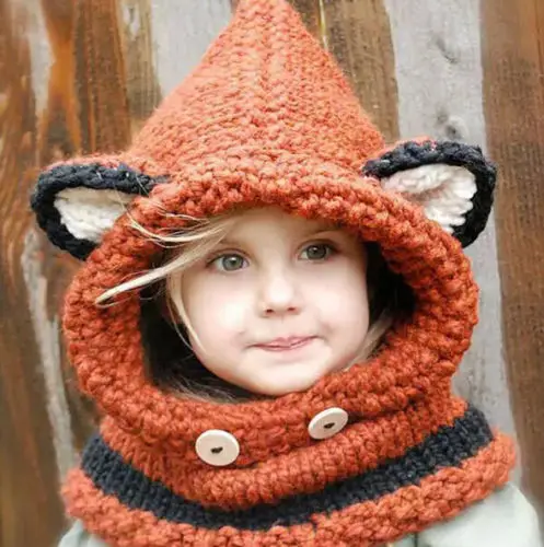 Girls-Lovely-fox-scarf-cap-collar-wool-knitted-cap-baby-infant-childrens-hats