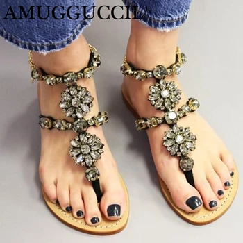 

Customize 2020 Plus Big Size 35-52 Black Buckle Crystal Fashion Sweet Girl Summer Females Lady Women Flats Sandals L978