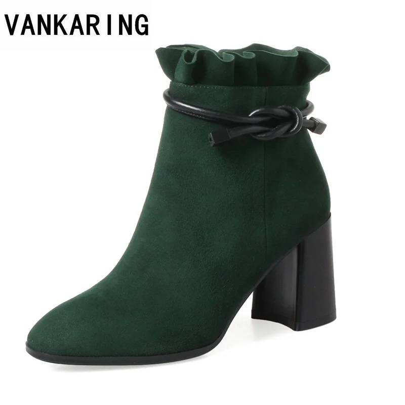

VANKARING 2018 new fashion genuine leather women ankle boots shoes sexy high heels round toe black green dress party woman shoes