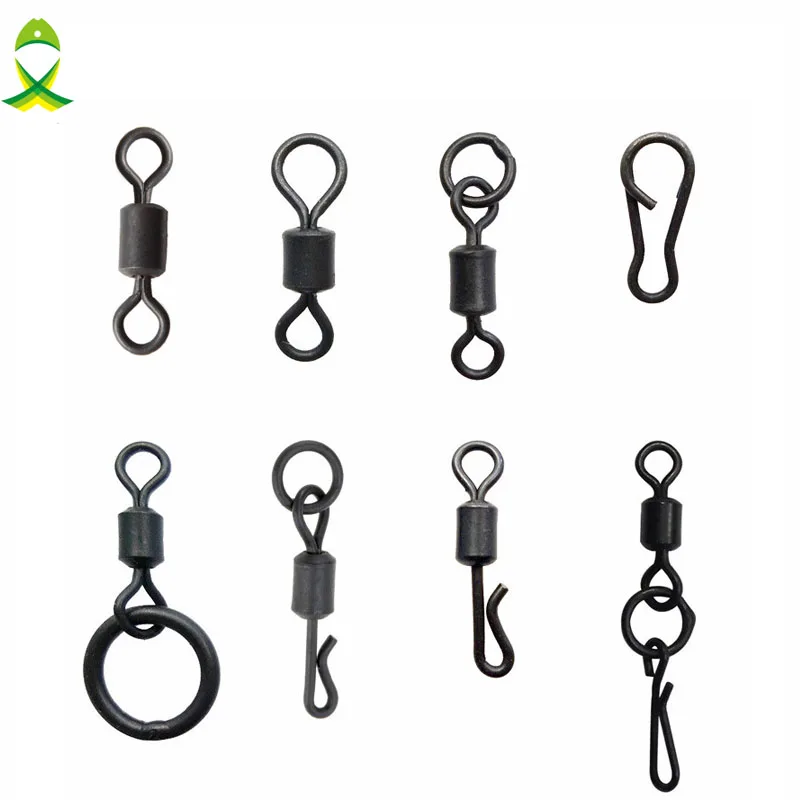

JSM 100pcs Matte Black Carp Fishing Rolling Swivels Long Body Quick Change Swivel With Ring Connector Carp Fishing Accessories