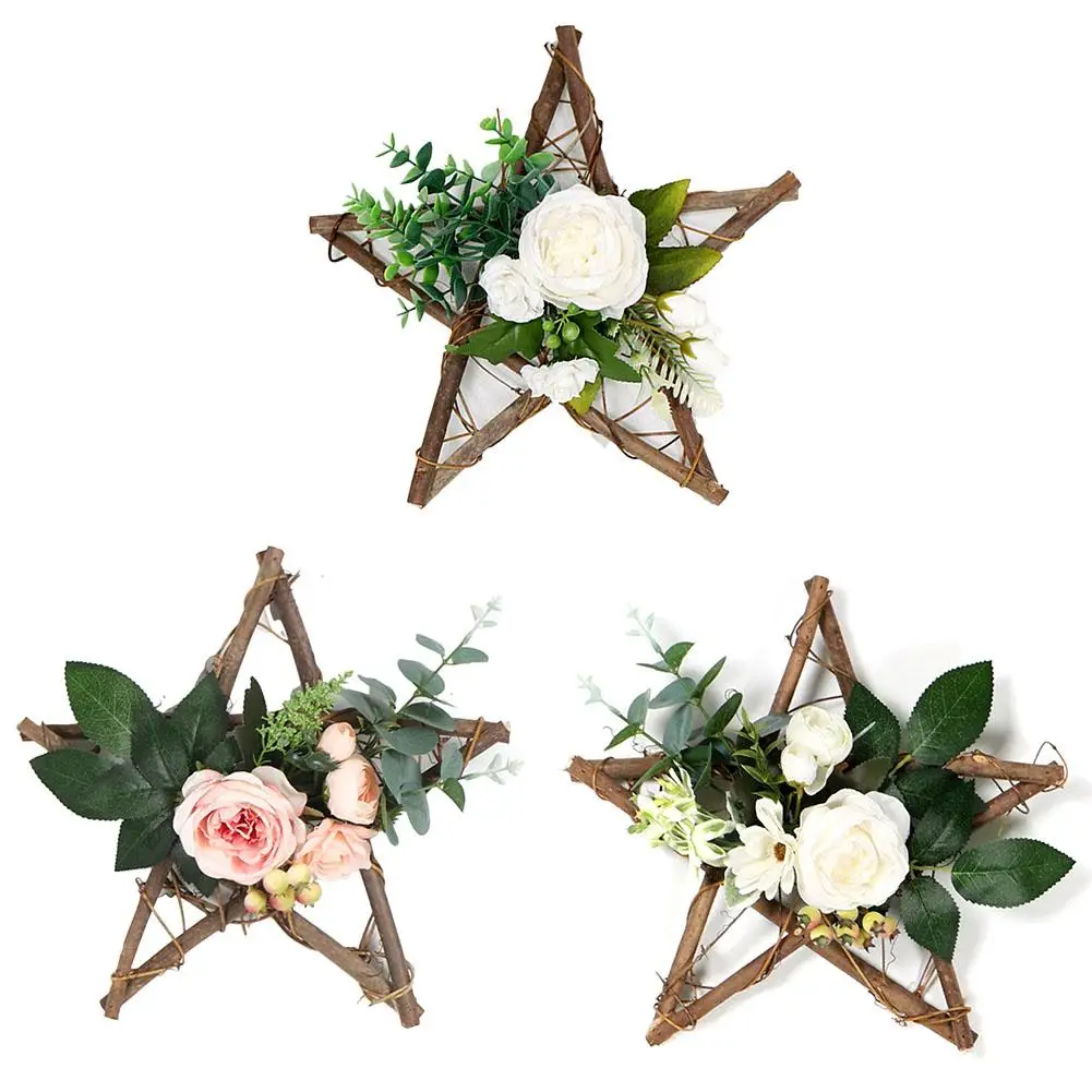 

Artificial Flower Wreath Wooden Pentagram Pendant Wall Hangings Home Mall Decoration Party Wedding Decors