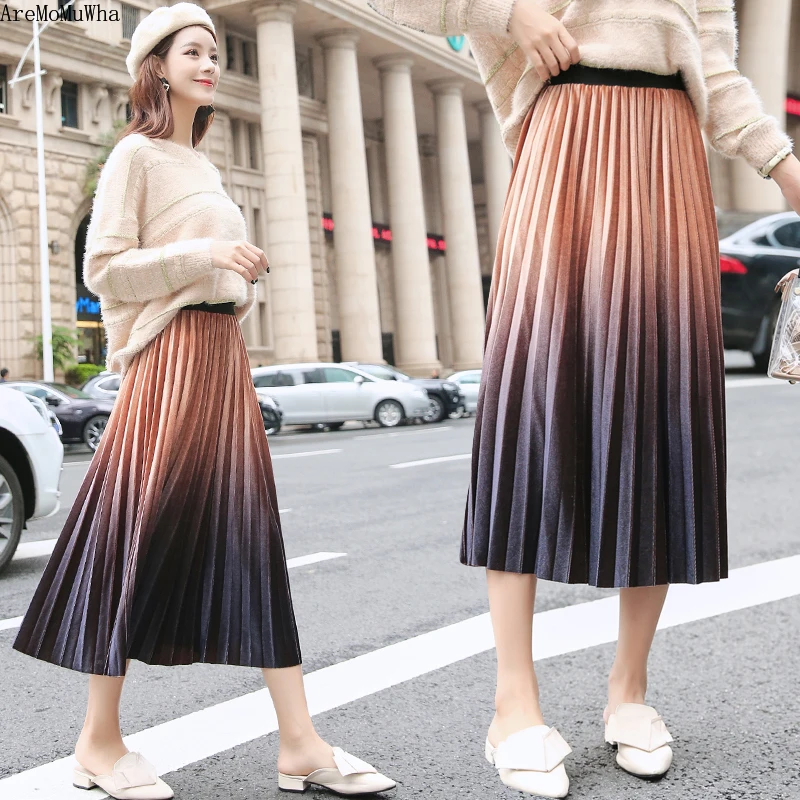

AreMoMuWha Female Autumn and Winter 2019 New High Waist Gold Velvet Gradient Color Pleated Skirt Ins Super Fire A Word Skirt 836