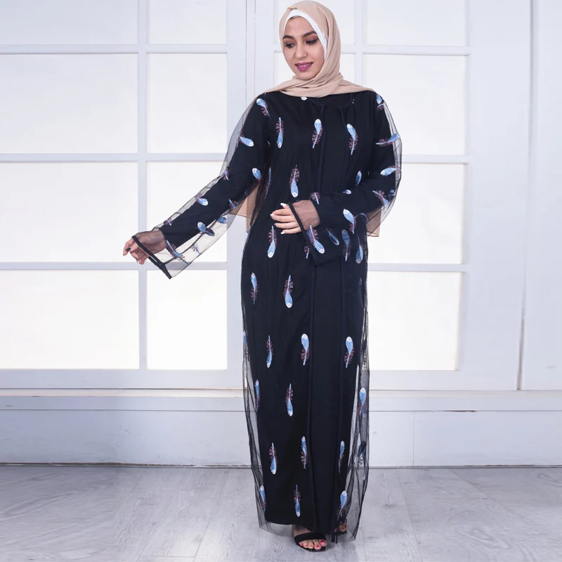 One Plus Size Abaya Kimono Muslim Women Long Embroidery Patchwork Mesh Cardigan Chiffon Blouse Turkish Islamic Clothing