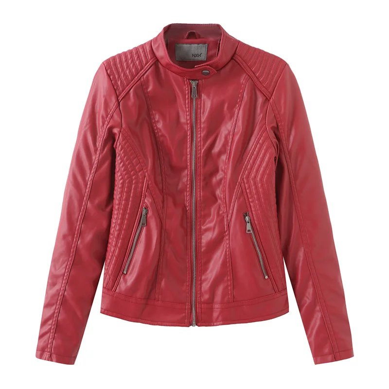NXH Autumn Leather jacket Women Faux Leather Motor Biker Jacket  Black Coat  Plus size 2019  Fashion Red Pink Leather