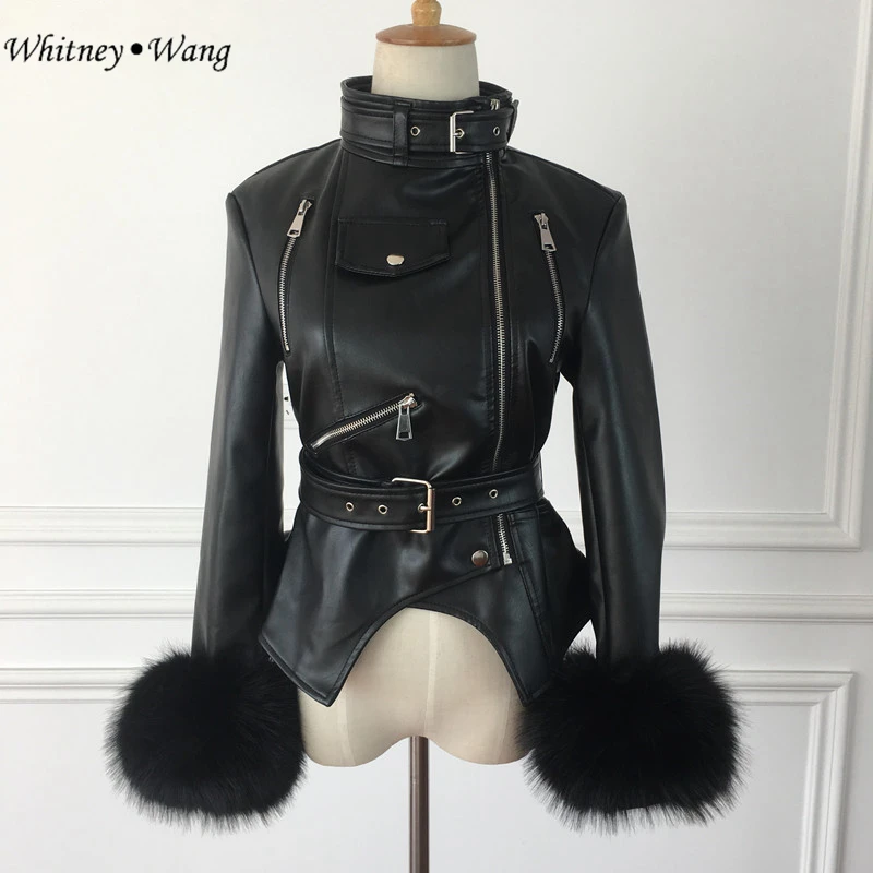 

WHITNEY WANG 2018 Autumn Winter Fashion Streetwear Detachable Fur Cuff Faux Leather Jacket Women Slim PU Jacket Outwear
