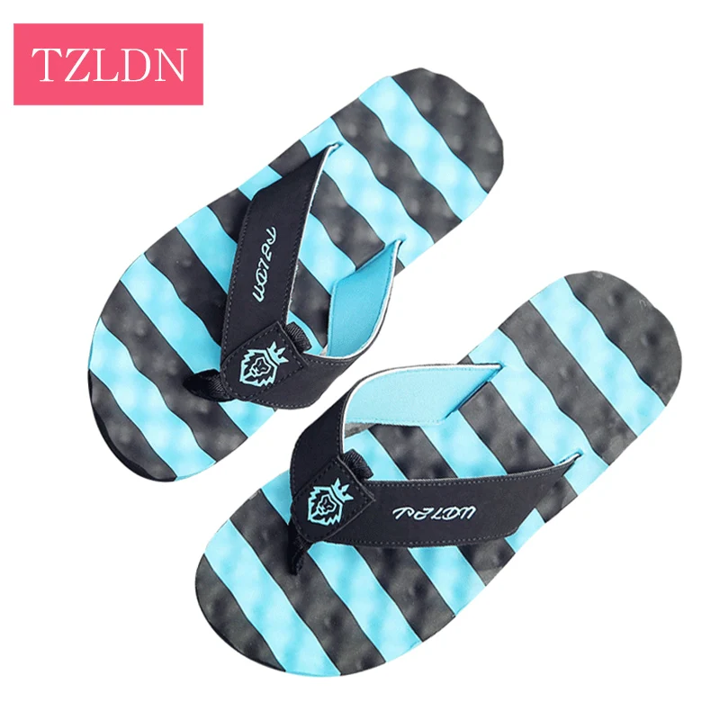 

TZLND Men Flip Flops Summer Beach Sandals Slippers For Men Stripe Bright Colour Flats Non-slip Shoes Men Sandals 2019 New